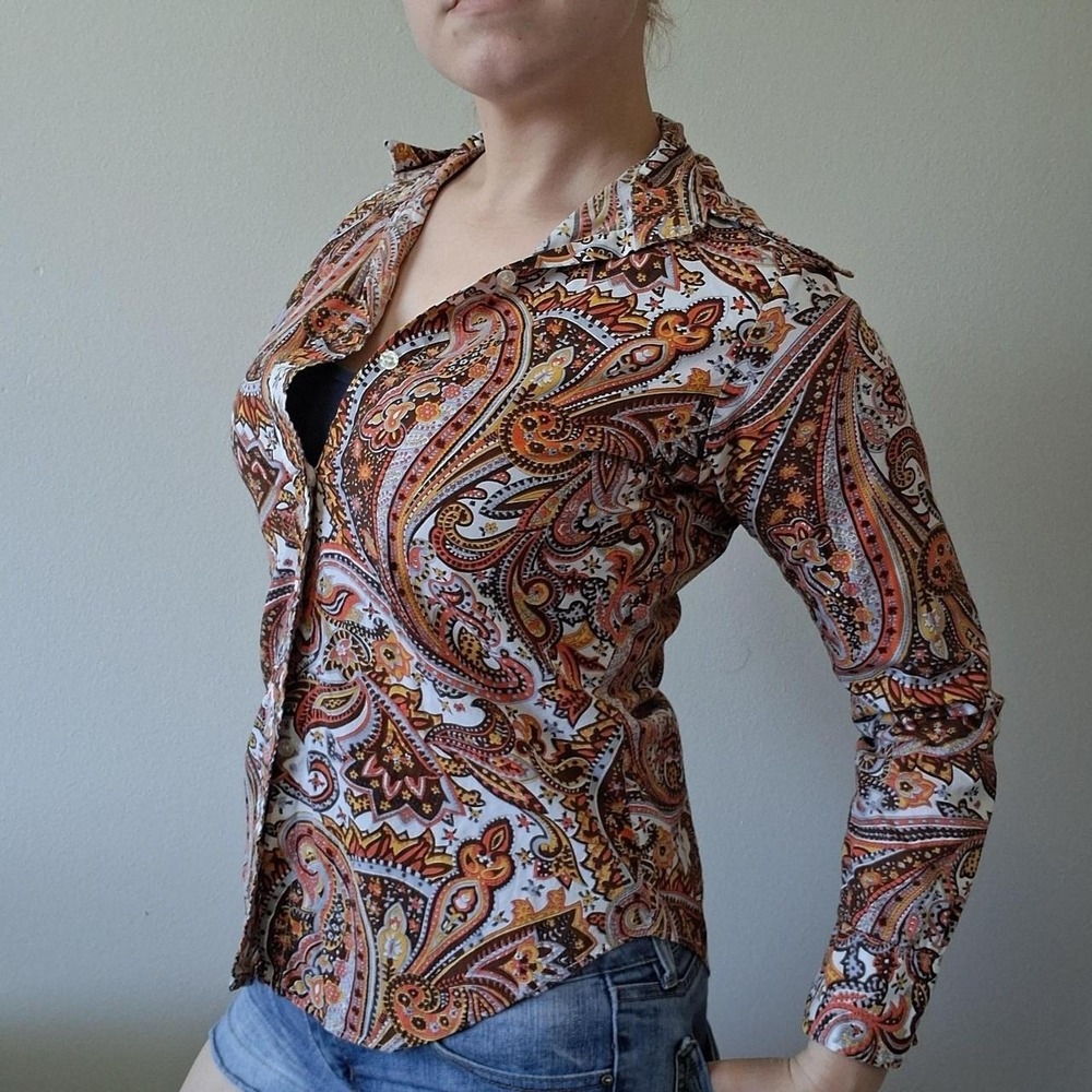 Vintage 70s Groovy Paisley Button Up Cotton Blouse S
